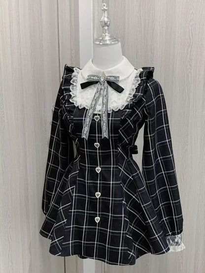 Shadora Lolita dress with lace details and plaid pattern, featuring an elegant fit and intricate embroidery.