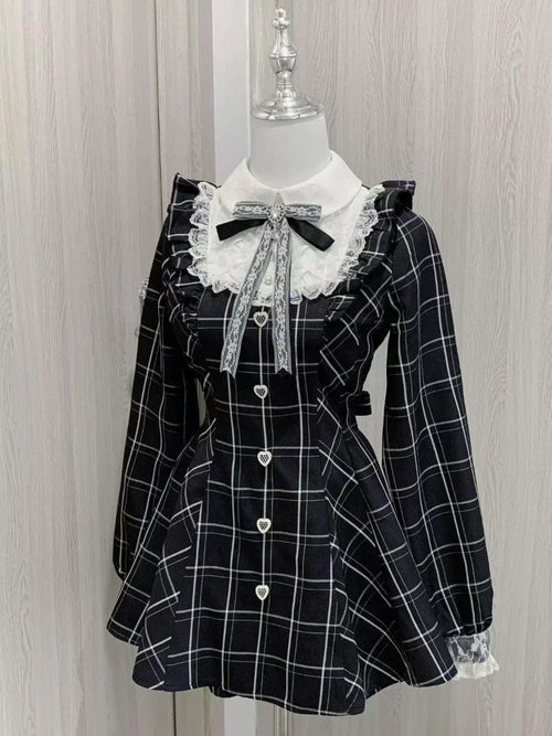 Shadora Lolita dress with lace details and plaid pattern, featuring an elegant fit and intricate embroidery.
