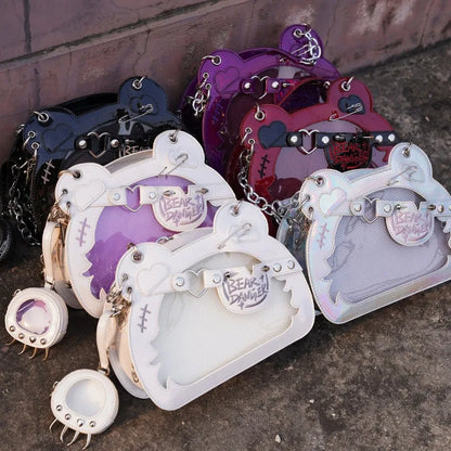 Transparent kawaii teddy bear Ita bag with cute bear design, ideal for carrying small items, by eprolo.
