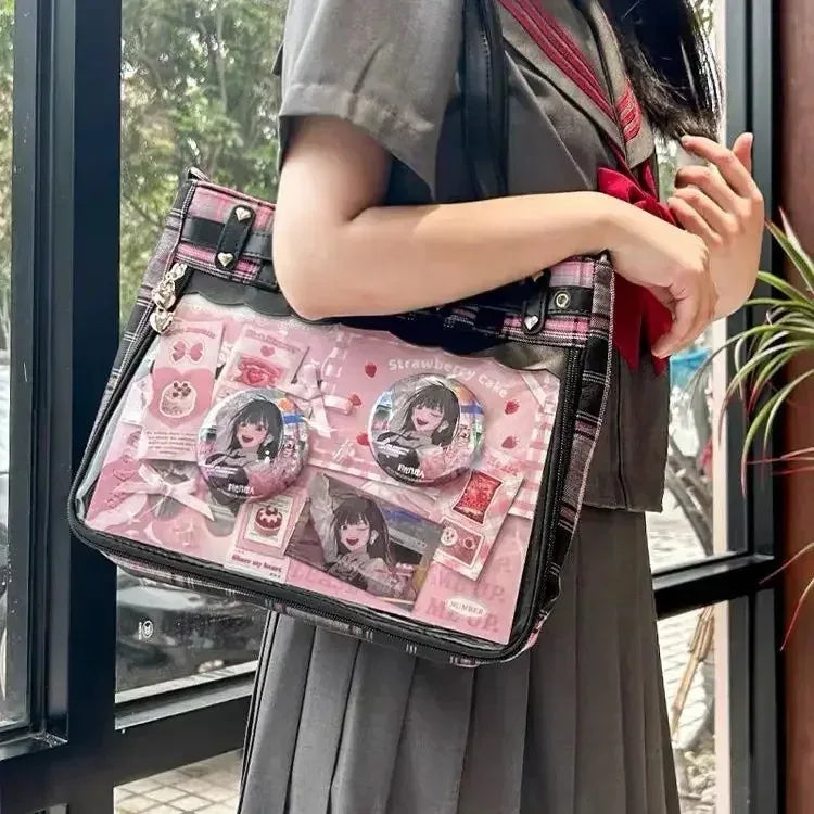 Eprolo Ekose Desenli Şeffaf Cepli Ita Bag with checkered pattern and transparent design, showcasing its stylish and functional exterior.