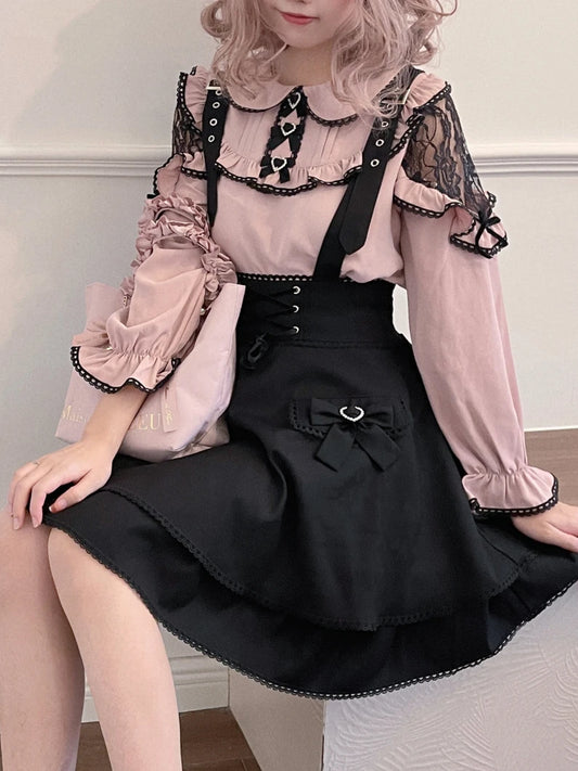 Pink and black Lolita blouse and skirt set by eprolo, featuring ruffled details and elegant, feminine design.