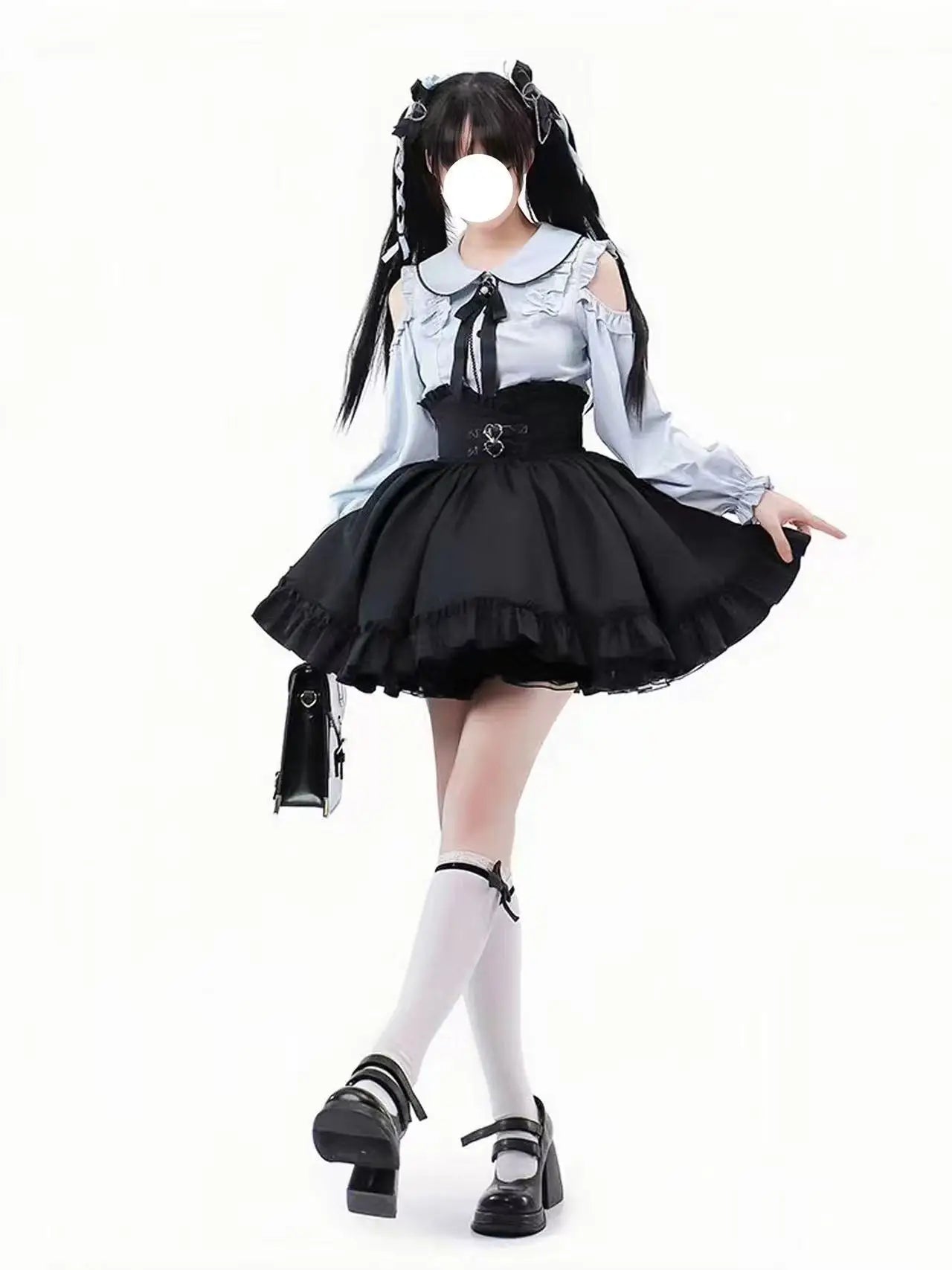 Eprolo Jirai Kei Fiyonklu shoulder-open blouse with black skirt set, featuring stylish design and trendy fashion details.