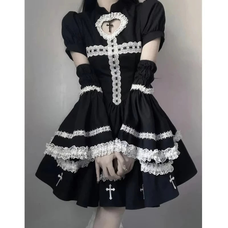 Black lace detailed mini dress with puff sleeves from eprolo, showcasing elegant lace accents and stylish design.