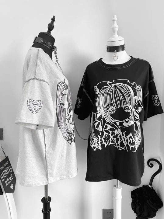 Unisex oversized anime print t-shirt by eprolo featuring colorful anime character design on a casual black tee