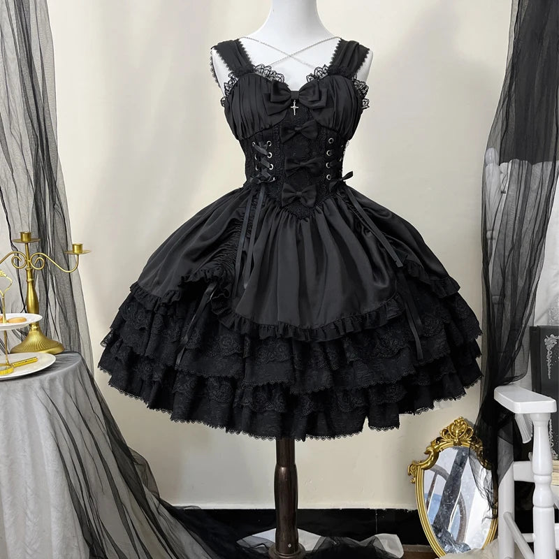 Elegant Lolita Gothic two-piece dress by eprolo featuring dark lace and ruffled details, displayed on a mannequin.