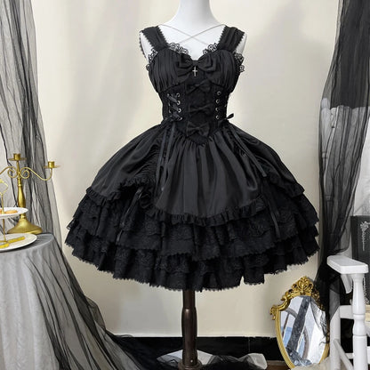 Elegant Lolita Gothic two-piece dress by eprolo featuring dark lace and ruffled details, displayed on a mannequin.