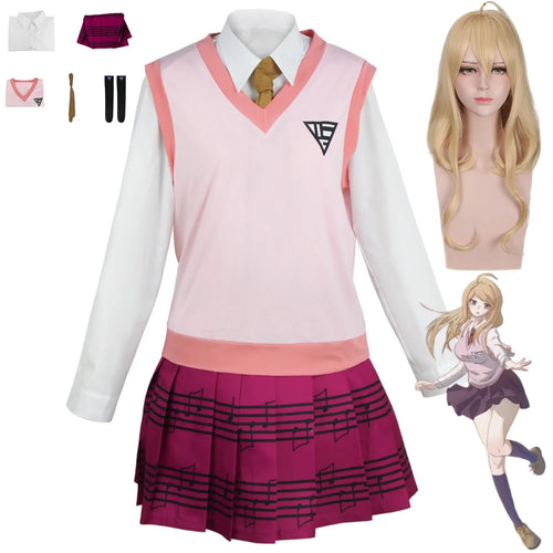 Kaede Akamatsu cosplay costume with wig from Danganronpa, featuring her signature short brown hair and detailed outfit.