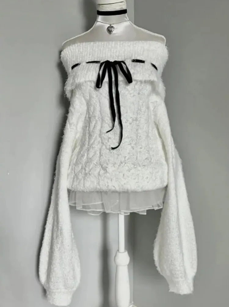 Eprolo white kawaii off-shoulder sweater with a cozy, relaxed fit and playful design, perfect for casual wear.