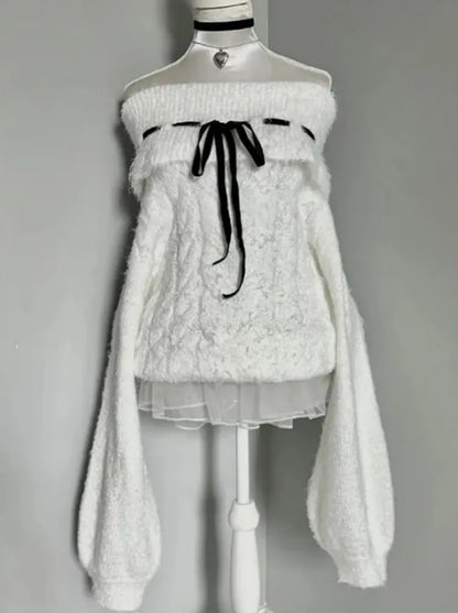 Eprolo white kawaii off-shoulder sweater with a cozy, relaxed fit and playful design, perfect for casual wear.