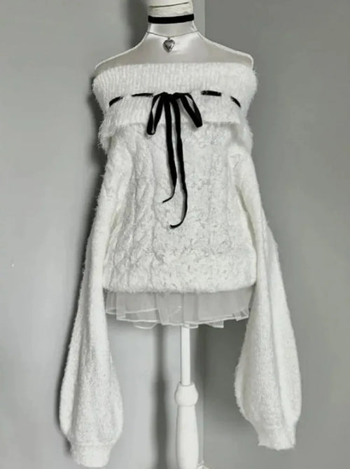 Eprolo white kawaii off-shoulder sweater with a cozy, relaxed fit and playful design, perfect for casual wear.