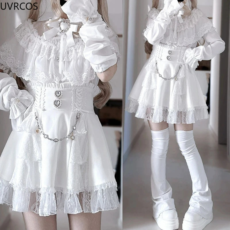Eprolo Japon Gotik mini etek with lace and stone details, Y2K Lolita style, kawaii short skirt, black fabric with intricate embellishments