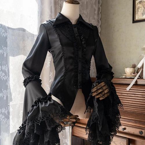 Gotik Viktoryen uzun kollu siyah bluz with lace details, stylish Gothic Victorian-inspired shirt by eprolo