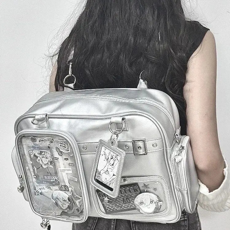 Harajuku 20cm Pin Doll Ita bag by eprolo featuring a colorful pin doll design on a black canvas tote