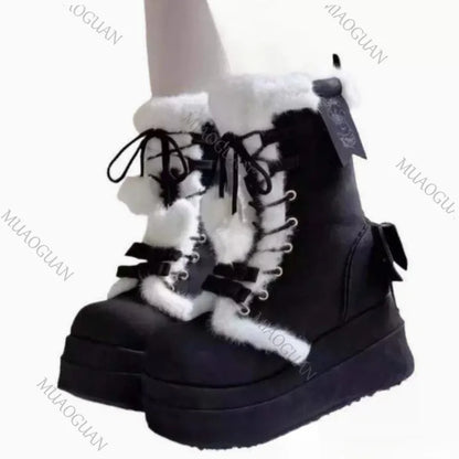 Eprolo fluffy platform snow boots with bow detail, durable sole, and warm lining for winter outdoor wear