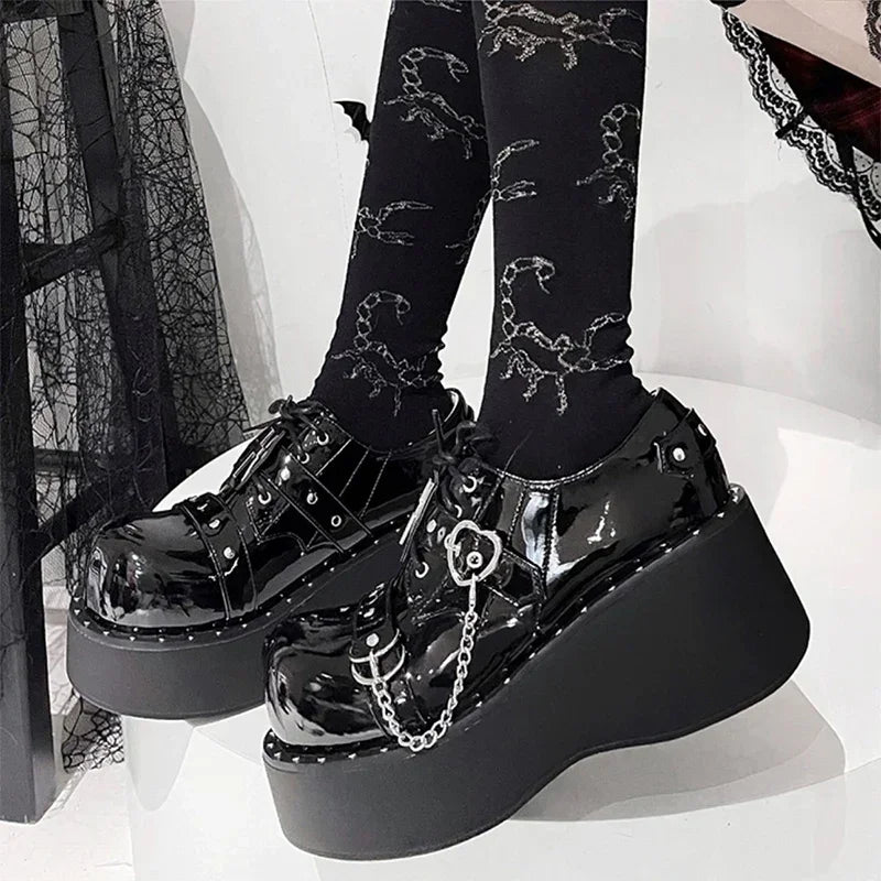 Eprolo platform Mary Jane shoes with chain and cross buckle, black Lolita style footwear with chunky sole and stylish design.