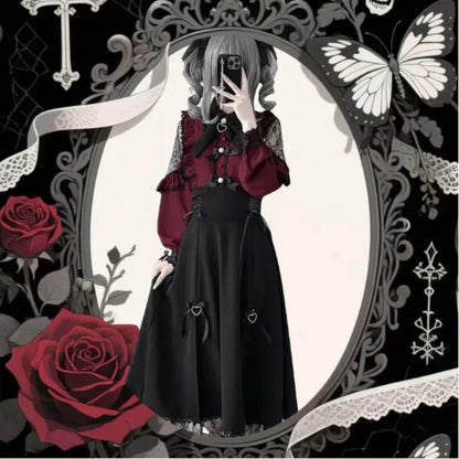Eprolo Bordo dantel detaylı Jirai Kei / Lolita uzun elbise with intricate lace accents and flowing fabric, ideal for elegant fashion.
