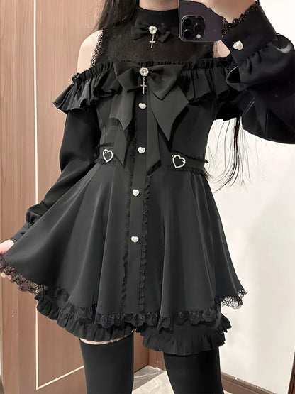 Eprolo low shoulder long sleeve dress and shorts two-piece set, stylish and casual outfit, displayed on a model.