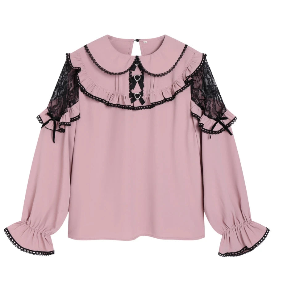 Pembe siyah fırfırlı zarif Lolita bluz ve etek seti, eprolo markası, detaylı dantel ve şık tasarım, ideal Lolita tarzı giyim