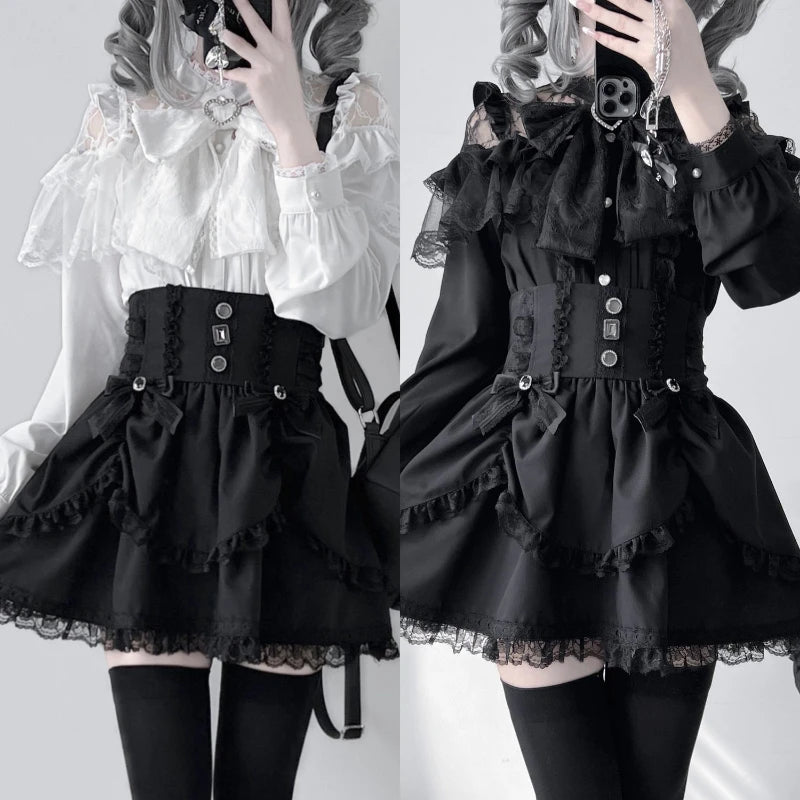 Shadora Jirai Kei Kawaii Lolita blouse with lace details, featuring a delicate and stylish design in soft pastel colors.
