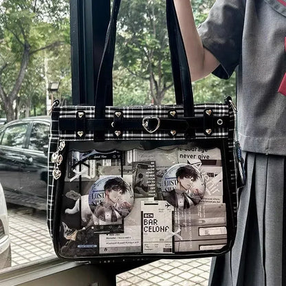 Clear plastic Ita bag with Ekose pattern and front pocket, stylish accessory from eprolo with transparent design and functional storage.