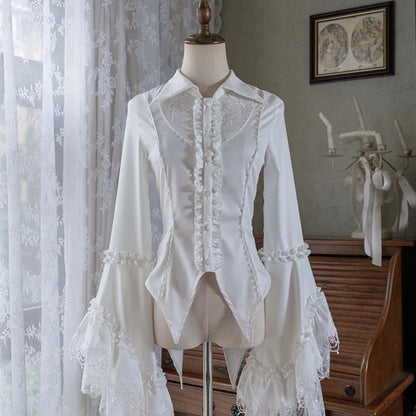 Black Gothic Victorian blouse with lace details and long sleeves from eprolo, featuring intricate feminine design.