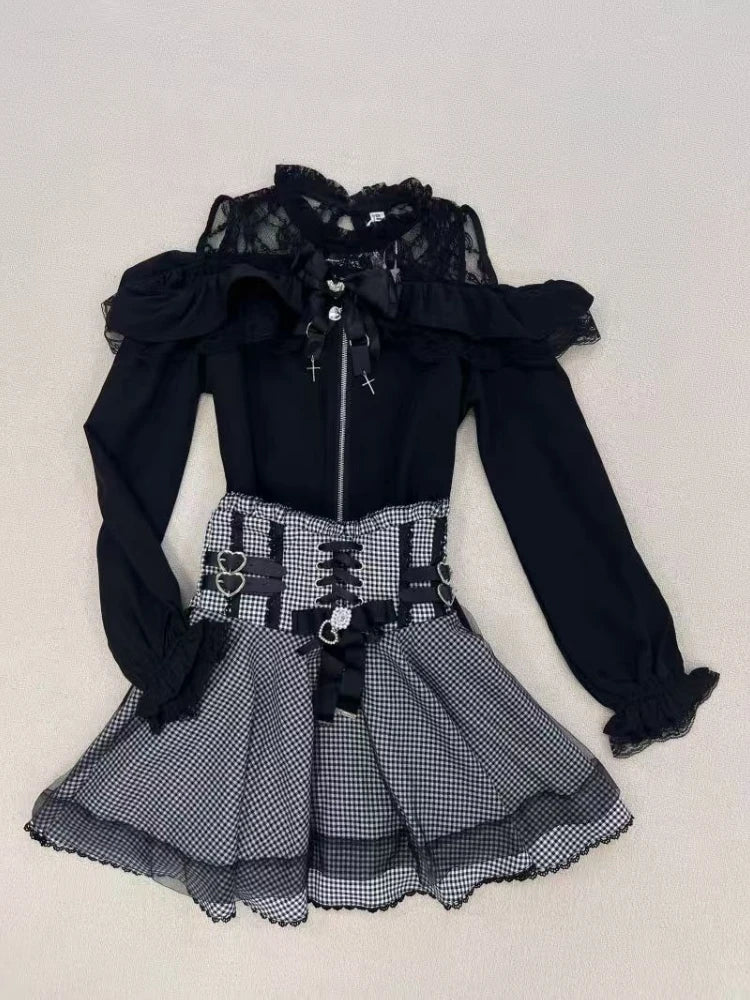 Eprolo long sleeve blouse and fiyonklu mini skirt set, stylish matching outfit with elegant design and vibrant colors.