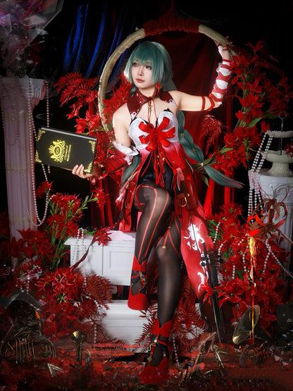Wuthering Waves Phrolova cosplay costume and wig by Shadora, featuring detailed outfit and vibrant pink hair for accurate character portrayal.