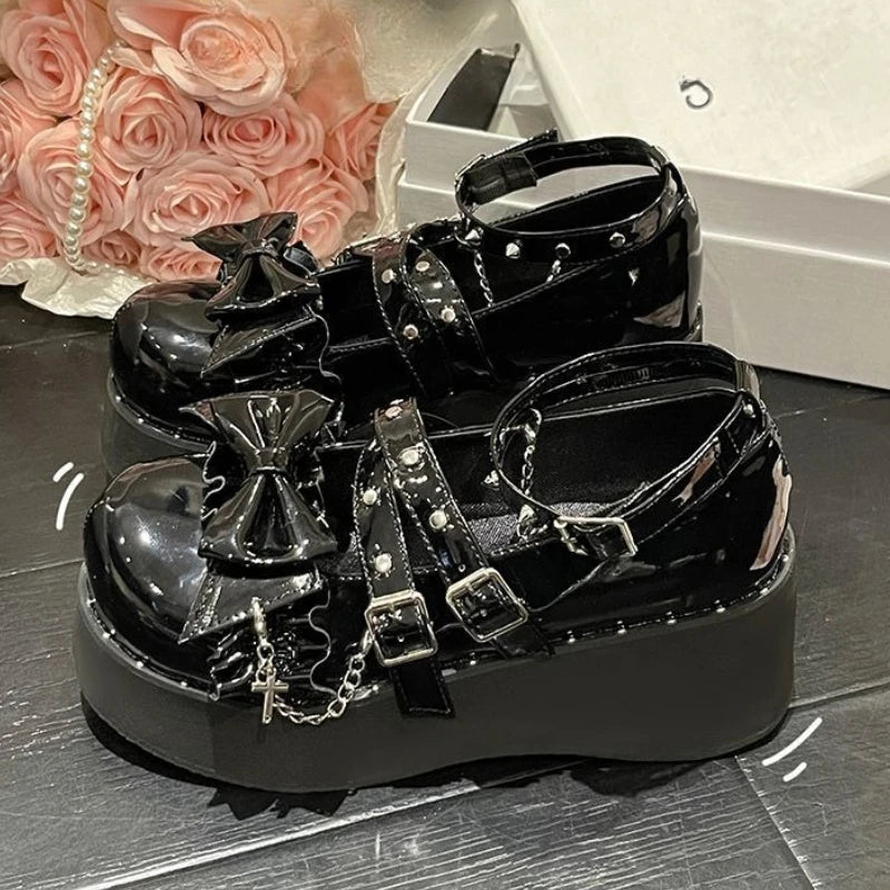 Eprolo Gothic Lolita platform Mary Jane shoes with chunky heels and black patent finish, featuring rounded toe and adjustable strap.