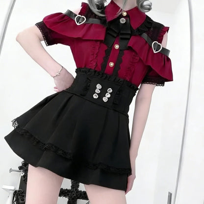 Eprolo Jirai Kei Lolita Kawaii shirt and skirt set featuring colorful, playful fabric and layered design for a cute, stylish look.