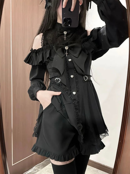 Eprolo low shoulder long sleeve dress and shorts two-piece set, black color, casual style with fitted design and comfortable fabric.
