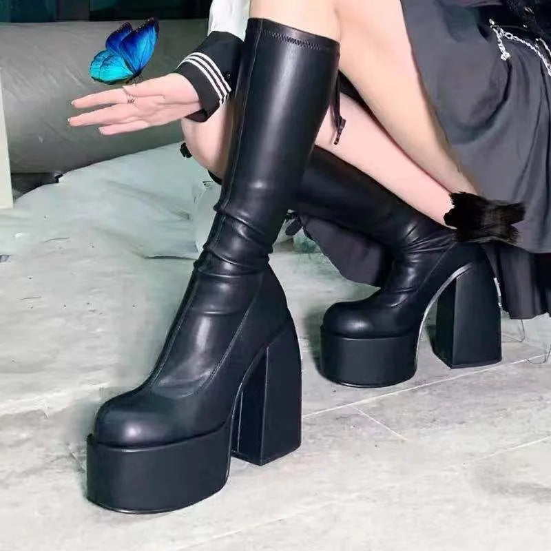 Eprolo women's platform long boots featuring a sleek design and high heels, perfect for stylish cold-weather outfits.
