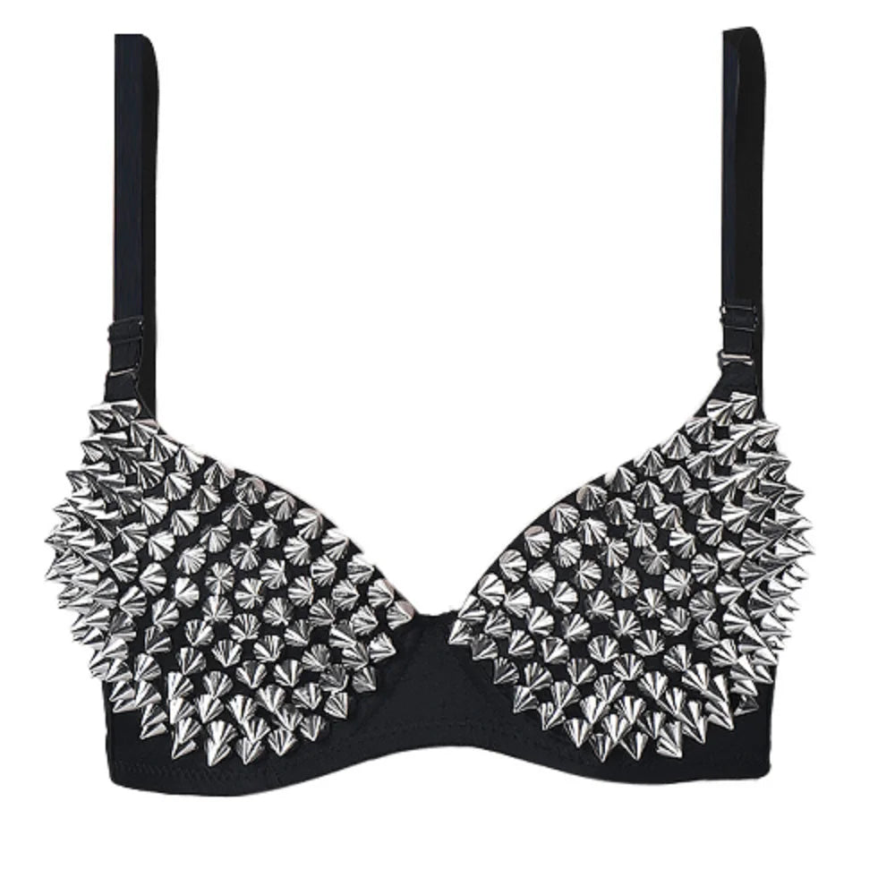 Black gothic lace bra with spike details, featuring intricate design and adjustable straps, by eprolo.