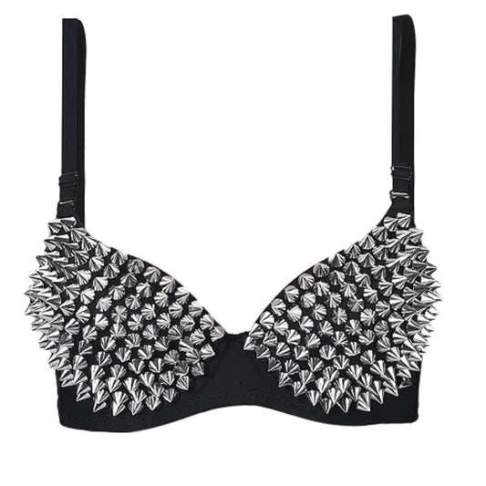 Black gothic lace bra with spike details, featuring intricate design and adjustable straps, by eprolo.