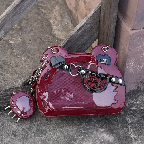 Clear kawaii teddy bear ita bag with a transparent design and cute bear face, perfect for stylish accessories by eprolo.