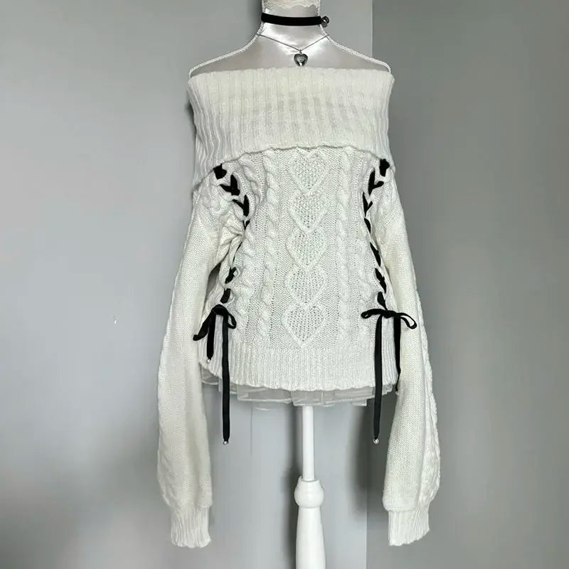 White kawaii off-shoulder sweater from eprolo featuring a cozy, stylish design with a relaxed fit.