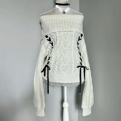 White kawaii off-shoulder sweater from eprolo featuring a cozy, stylish design with a relaxed fit.