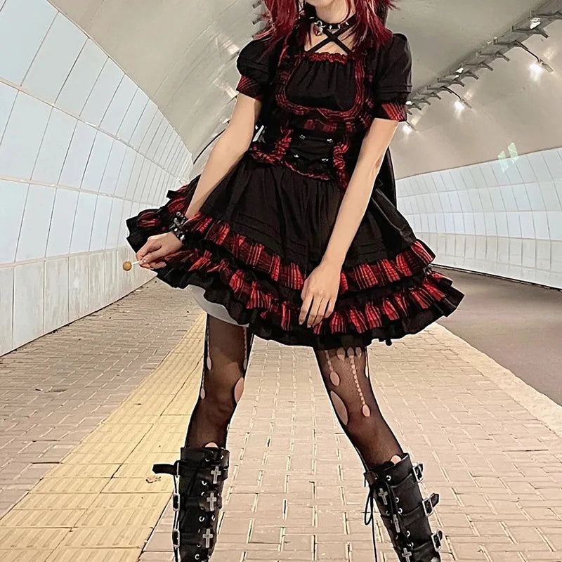 Shadora Gothic Lolita dress with lace details, short sleeves, pleated skirt, and black fabric for a stylish, dark fashion look.
