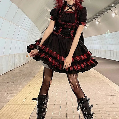 Shadora Gothic Lolita dress with lace details, short sleeves, pleated skirt, and black fabric for a stylish, dark fashion look.