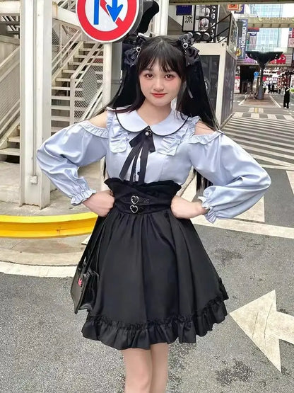 Eprolo Jirai Kei Fiyonklu off-shoulder blouse and black skirt set, stylish and elegant women's fashion outfit.