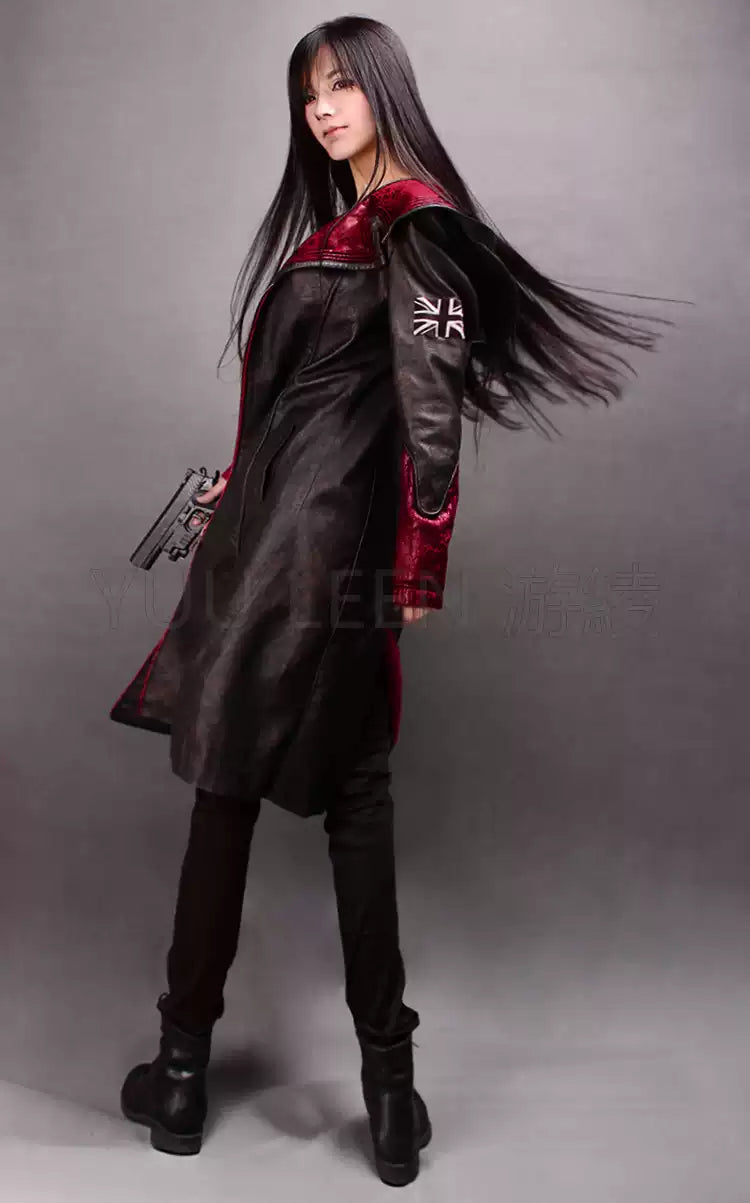Reboot Dante cosplay jacket from Devil May Cry by Shadora, featuring a stylish black leather look with red accents and detailed stitching.
