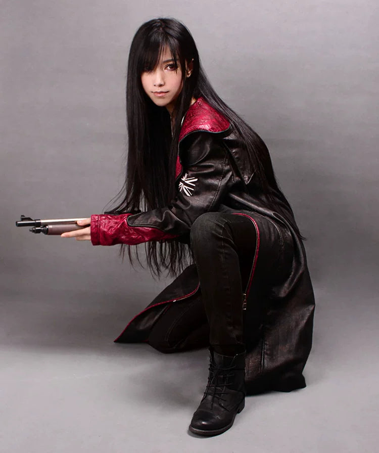 Shadora Reboot Dante cosplay jacket from Devil May Cry featuring black leather style with silver accents and a high collar.