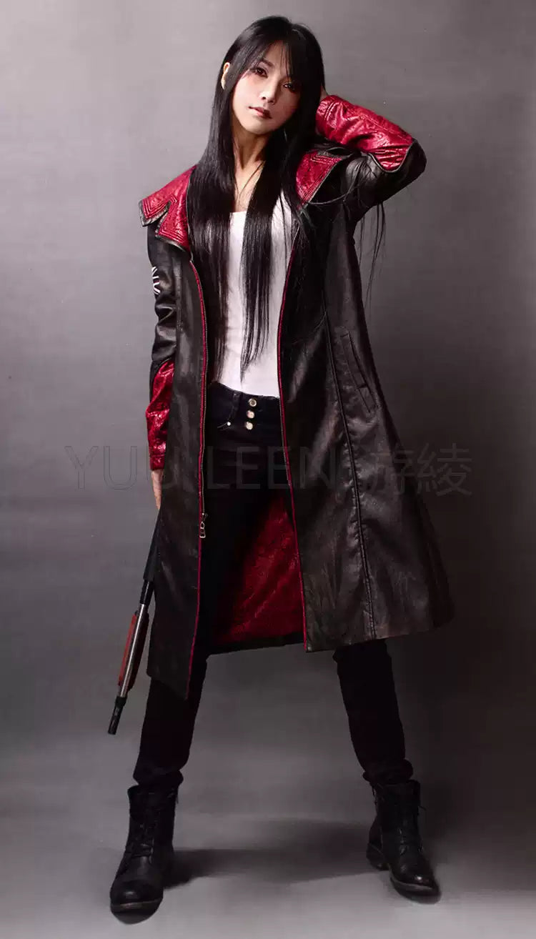 Reboot Dante cosplay jacket from Devil May Cry by Shadora, featuring black leather look with red accents and detailed design.