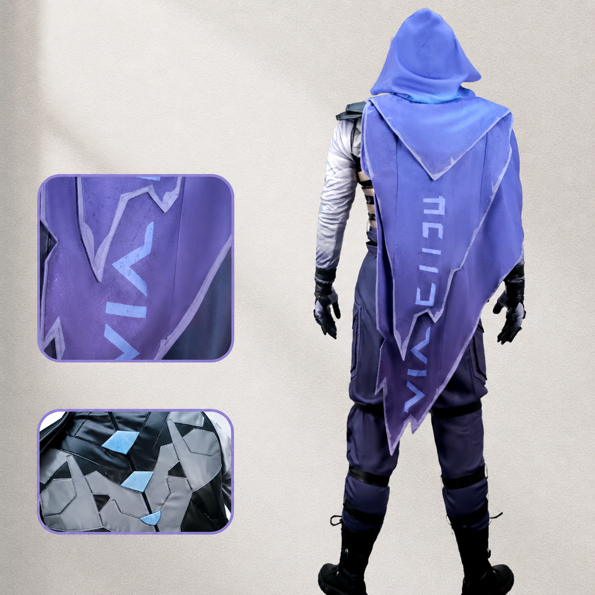 Shadora Omen cosplay costume from Valorant featuring detailed armor and hood, designed for authentic gaming character appearance.