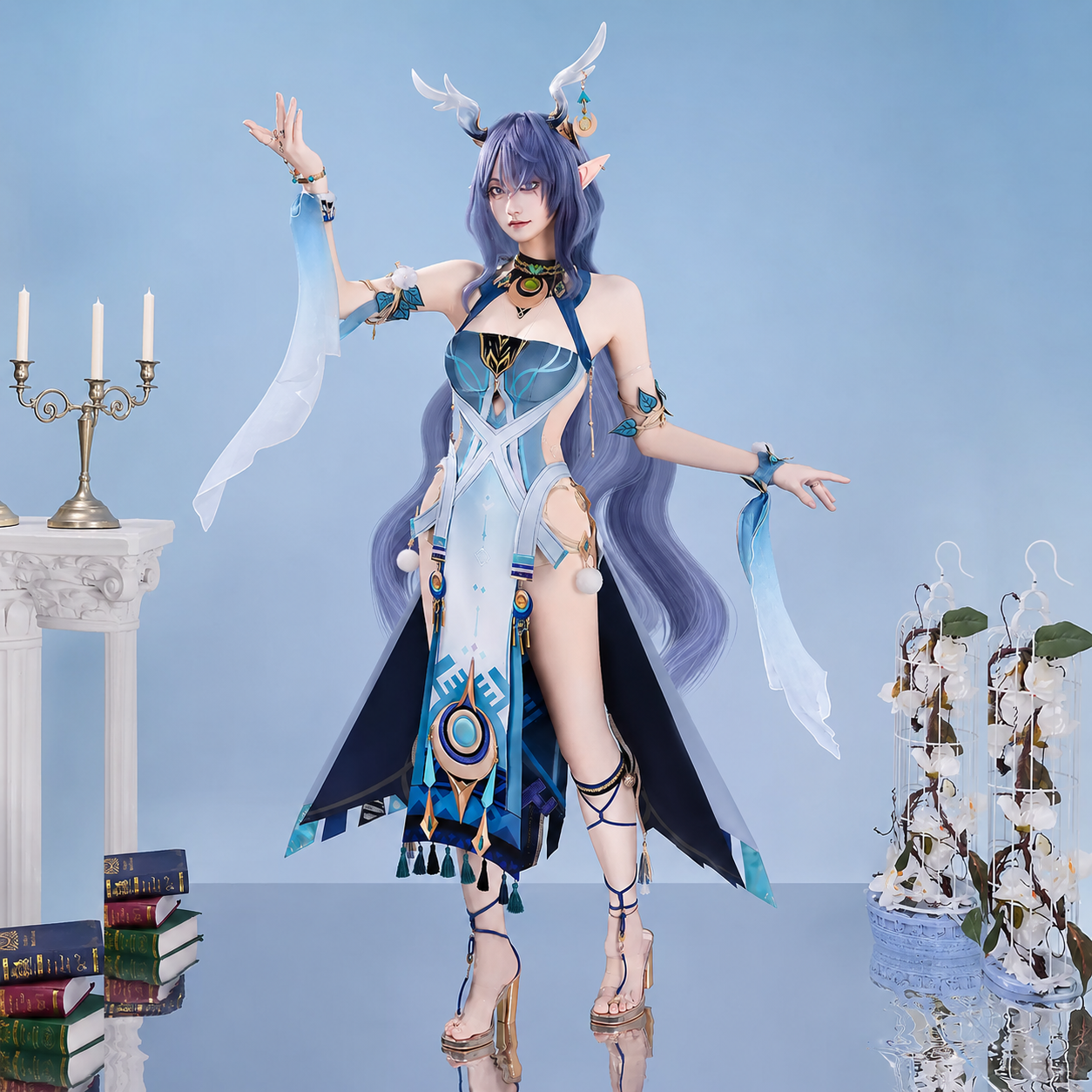 Lauma Genshin Impact cosplay wig by Shadora featuring long, silver hair styled for Genshin Impact character costume.