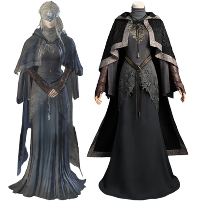 Fire Keeper Cosplay costume by Shadora, featuring intricate details and a flowing design in a dramatic pose.