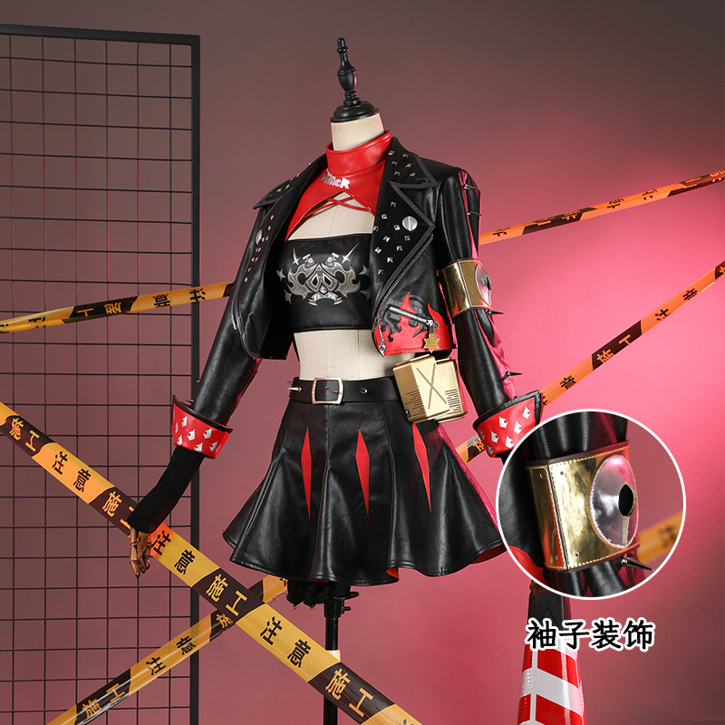Shadora Burnice White Cosplay costume with detailed design and accessories on a mannequin against a neutral background.