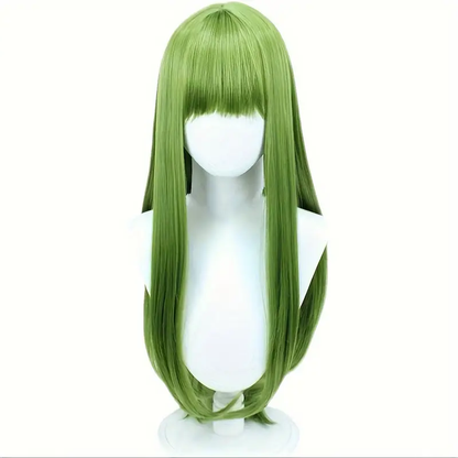 C.C Cosplay wig by Shadora, featuring long green hair styled in a straight cut, displayed on a mannequin head.