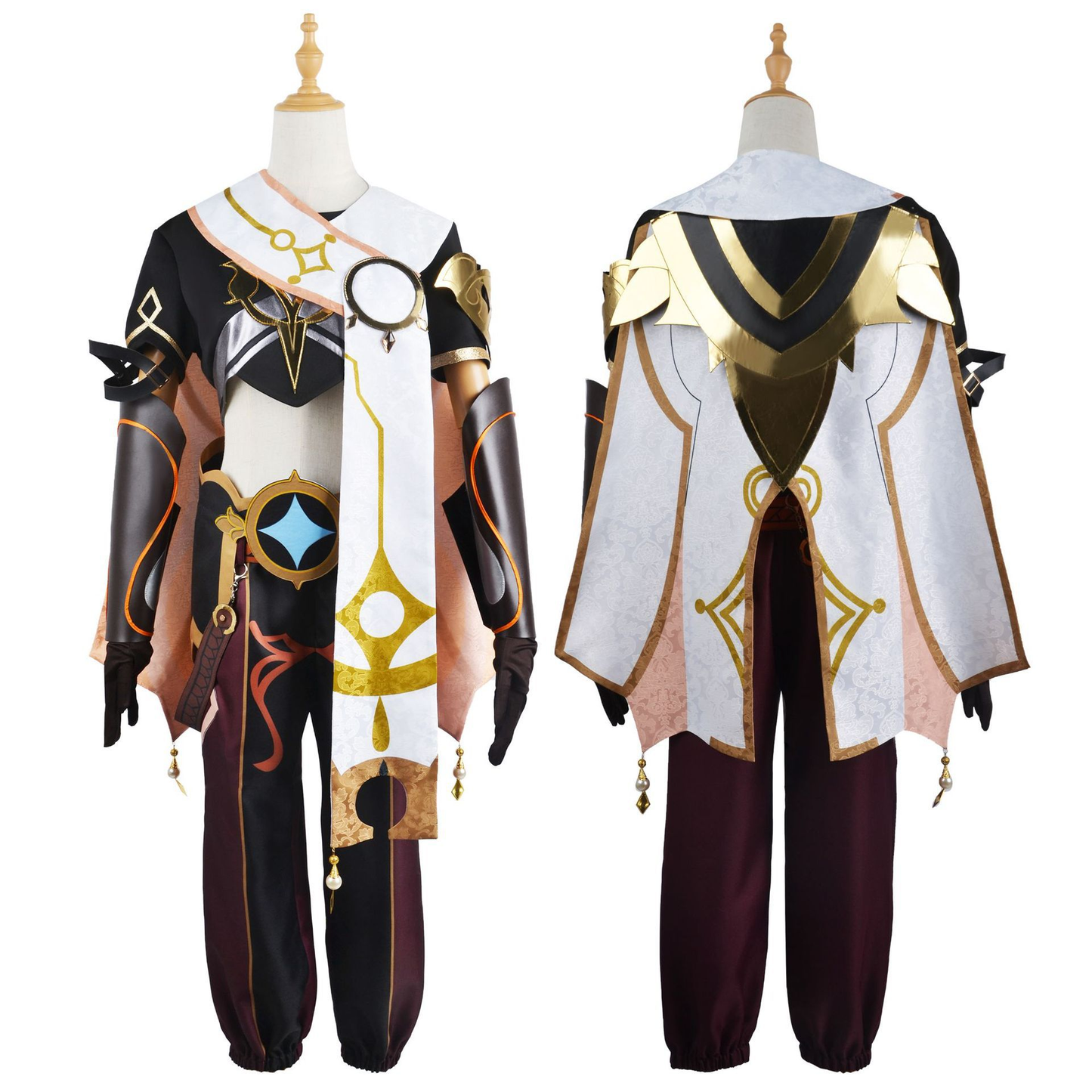 Aether cosplay costume by Shadora, featuring intricate details and vibrant colors, displayed on a mannequin.