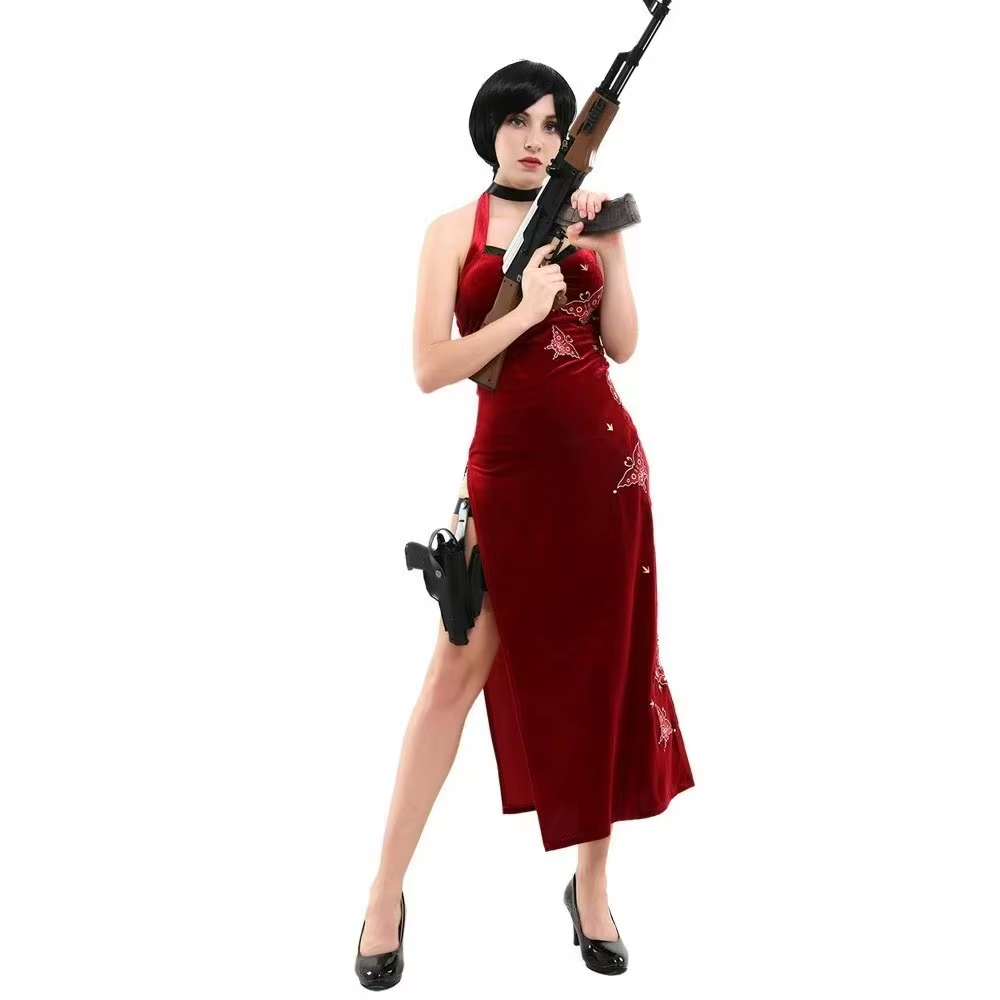 Ada Wong cosplay with wig by Shadora featuring her signature black hair and red dress, detailed costume and accessories.