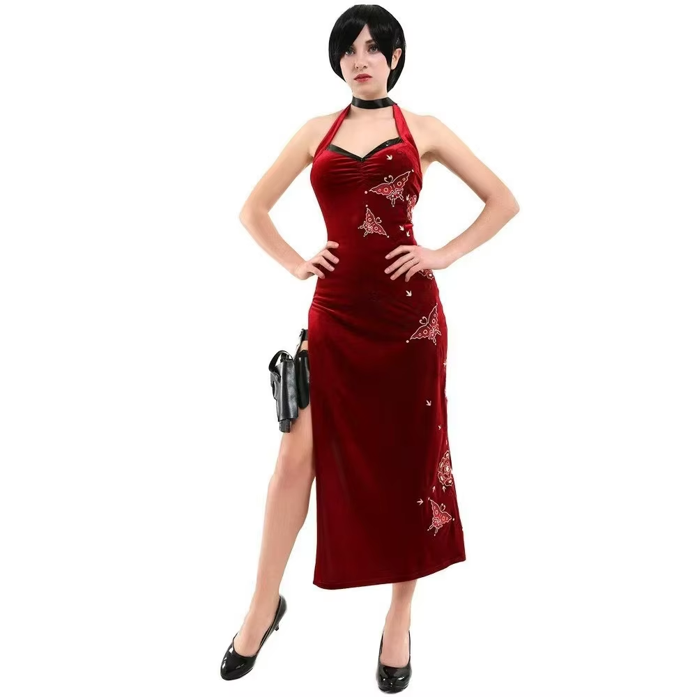 Shadora Ada Wong cosplay with black wig and red dress, detailed costume inspired by character from Resident Evil video game.